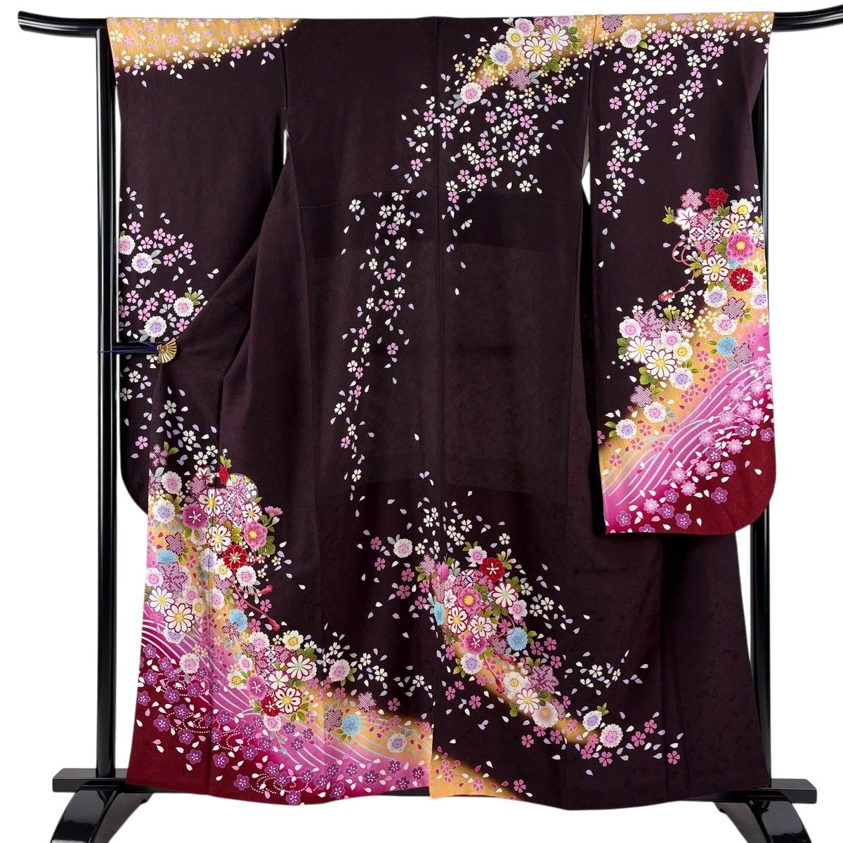 美品】 振袖 身丈158.5cm 裄丈65.5cm M 袷 桜 波 金糸 染め分け 茶紫