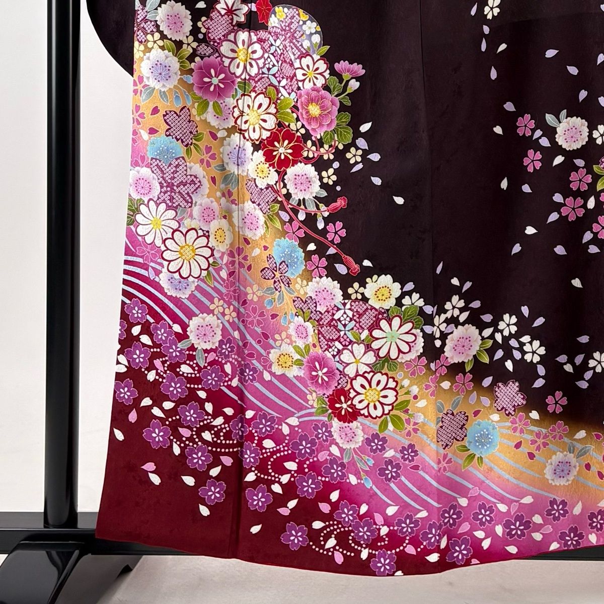 美品】 振袖 身丈158.5cm 裄丈65.5cm M 袷 桜 波 金糸 染め分け