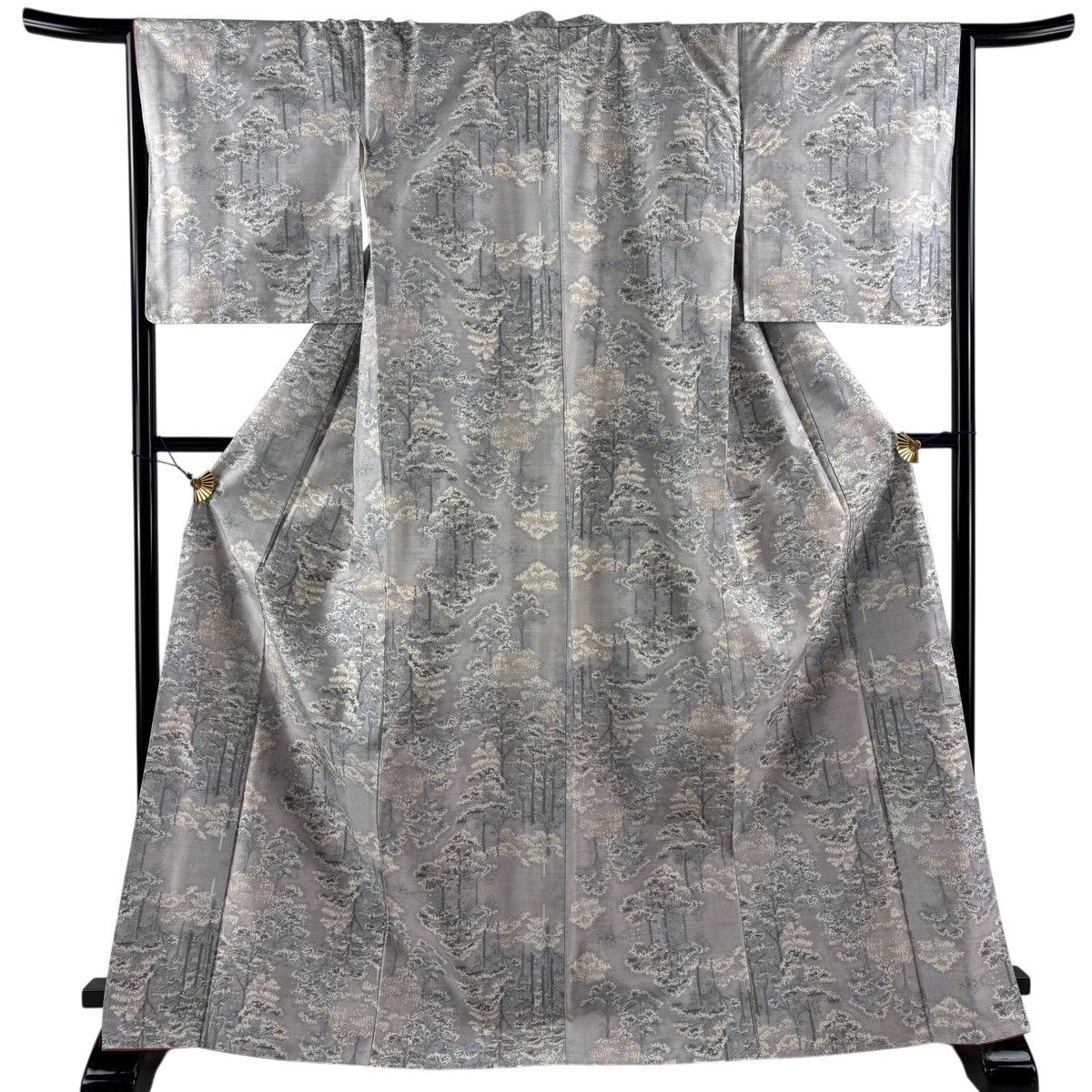 【美品】 大島紬 身丈169cm 裄丈67cm M 袷 樹木 灰紫 正絹 名品 【中古】