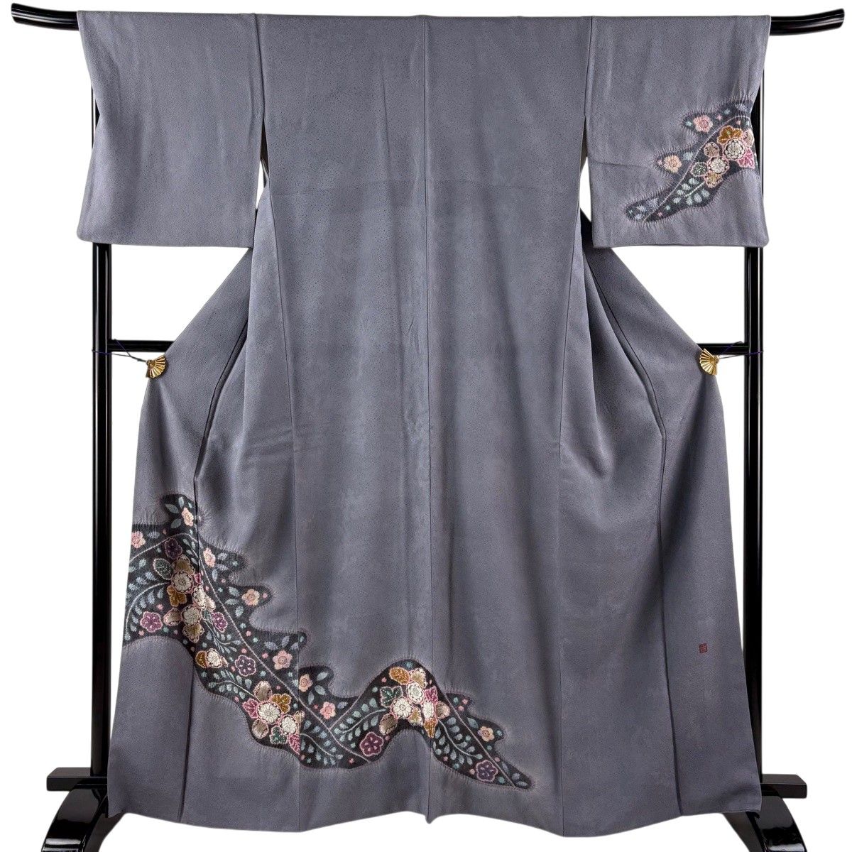 訪問着 身丈164.5cm 裄丈69.5cm L 袷 落款 菊 霞 絞り 灰色 正絹 名品 