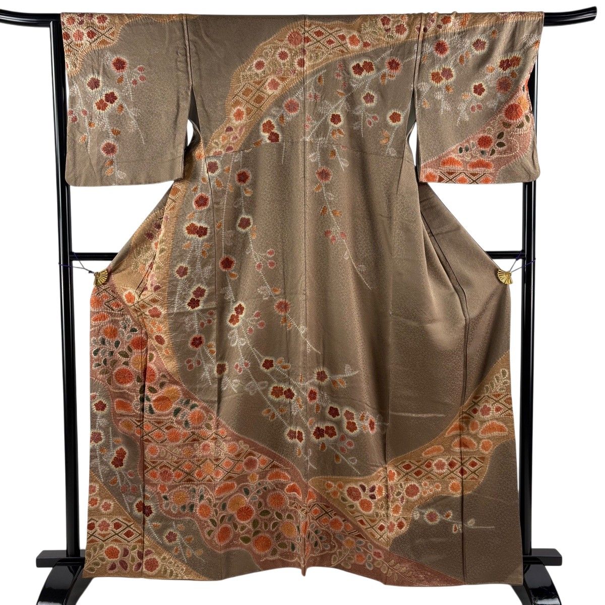 訪問着 身丈162.5cm 裄丈66cm M 袷 草花 菱 絞り 金彩 焦茶色 正絹 名品 【中古】