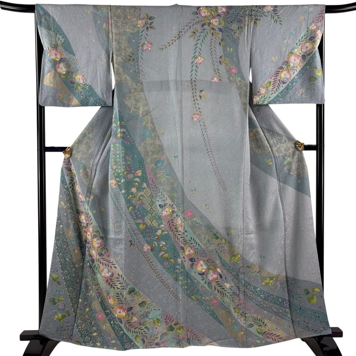 訪問着 身丈161.5cm 裄丈65cm M 袷 辻が花柄 草花 金彩 染め分け 青
