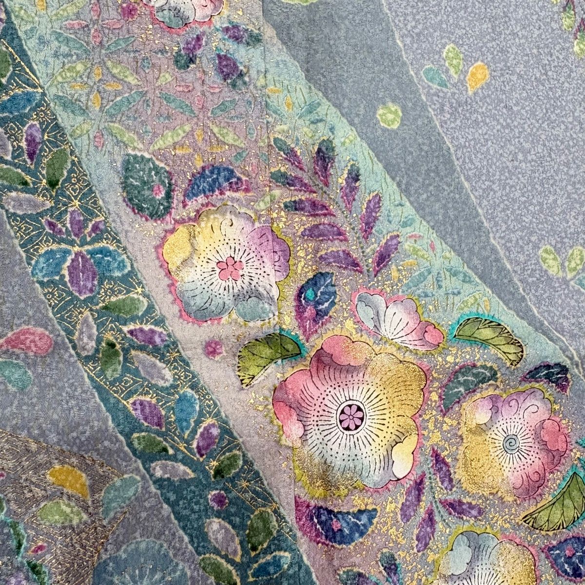 訪問着 身丈161.5cm 裄丈65cm M 袷 辻が花柄 草花 金彩 染め分け 青