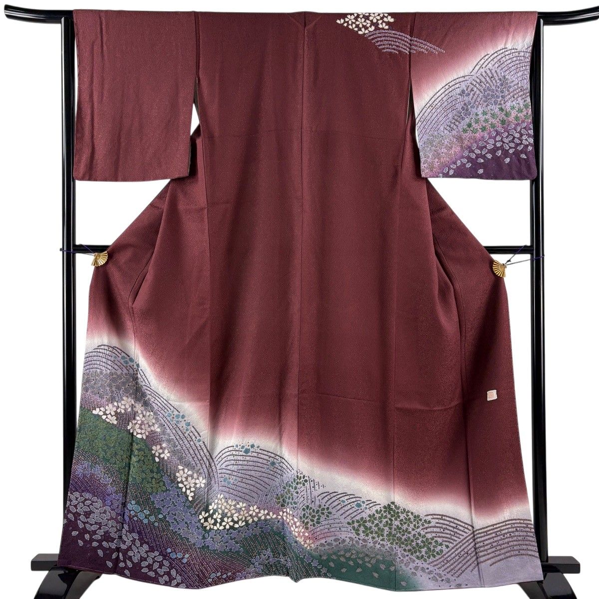 【美品】 訪問着 身丈161.5cm 裄丈63.5cm S 袷 落款 桜 流水 金通し 金彩 小豆色 正絹 名品 【中古】