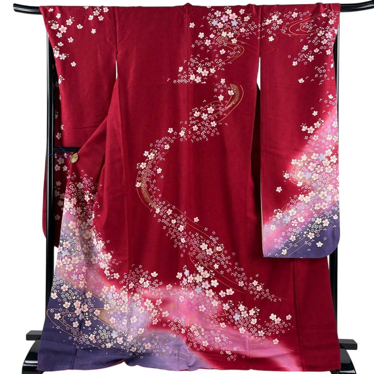 振袖 身丈170cm 裄丈69cm L 袷 桜 流水 金彩 ぼかし 赤 正絹 名品