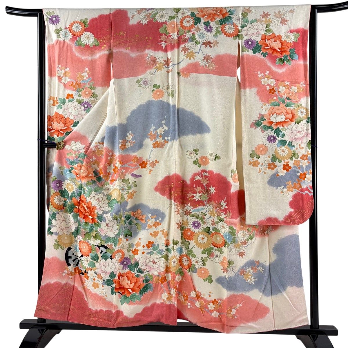 振袖 身丈157cm 裄丈63.5cm S 袷 花車 牡丹 金糸 金彩 クリーム 正絹 秀品 【中古】