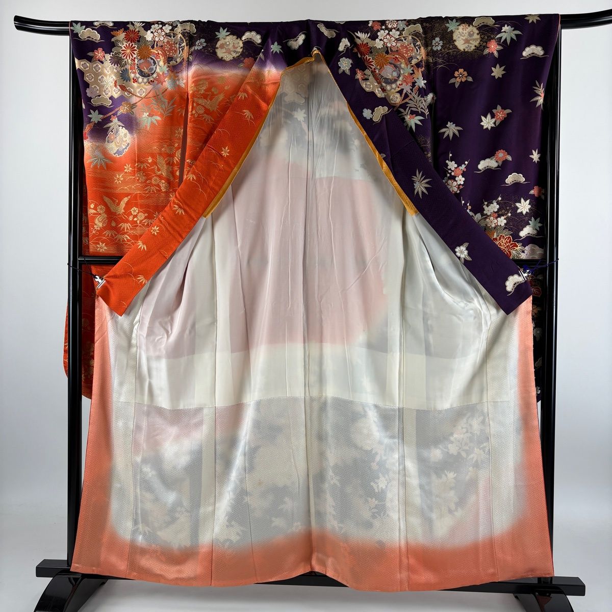 振袖 身丈158cm 裄丈67cm M 袷 鼓 松竹梅 金彩 ぼかし 紫 正絹 秀品