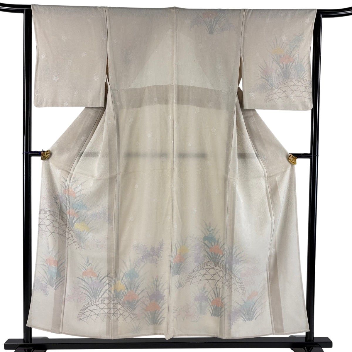 訪問着 身丈154cm 裄丈63.5cm S 紗絽袷 菖蒲 光悦垣 銀彩 ベージュ 正絹 秀品 【中古】