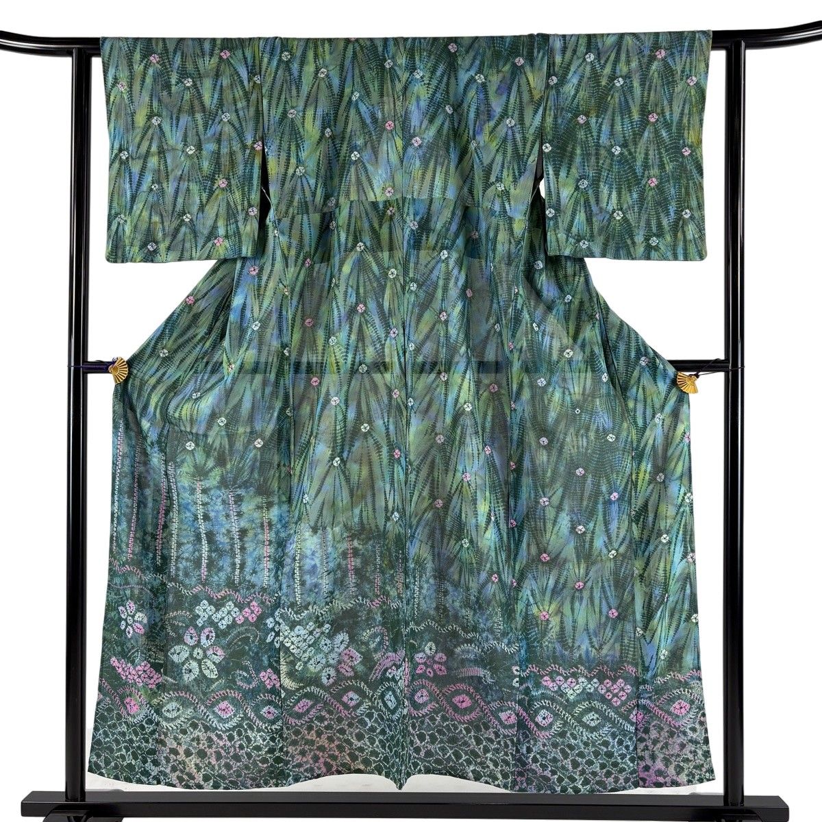 【美品】 付下げ 身丈154cm 裄丈62cm S 薄物 絽 草花 幾何学模様 絞り 緑 正絹 秀品 【中古】