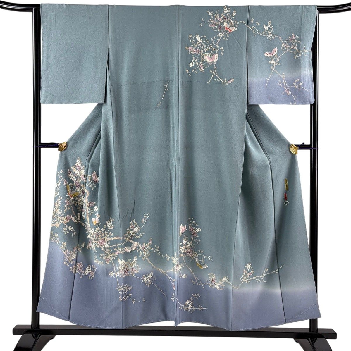 訪問着 身丈153cm 裄丈64cm M 袷 落款 蝶 枝花 ぼかし 青緑 正絹 秀品