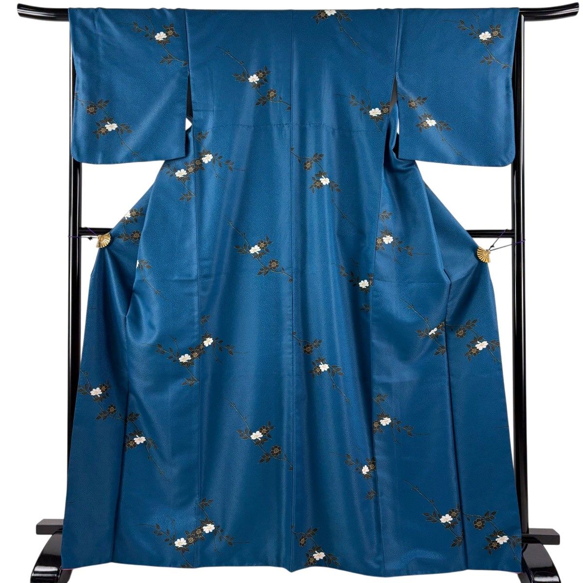 小紋 身丈168cm 裄丈65.5cm M 袷 枝花 青緑 正絹 秀品 【中古】