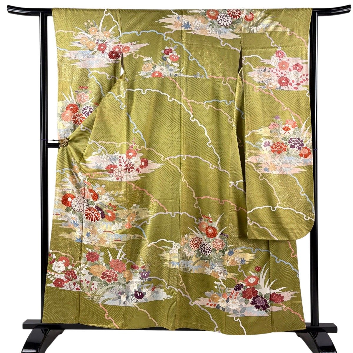振袖 身丈159cm 裄丈62cm S 袷 菊 楓 金彩 抹茶色 正絹 秀品 【中古】