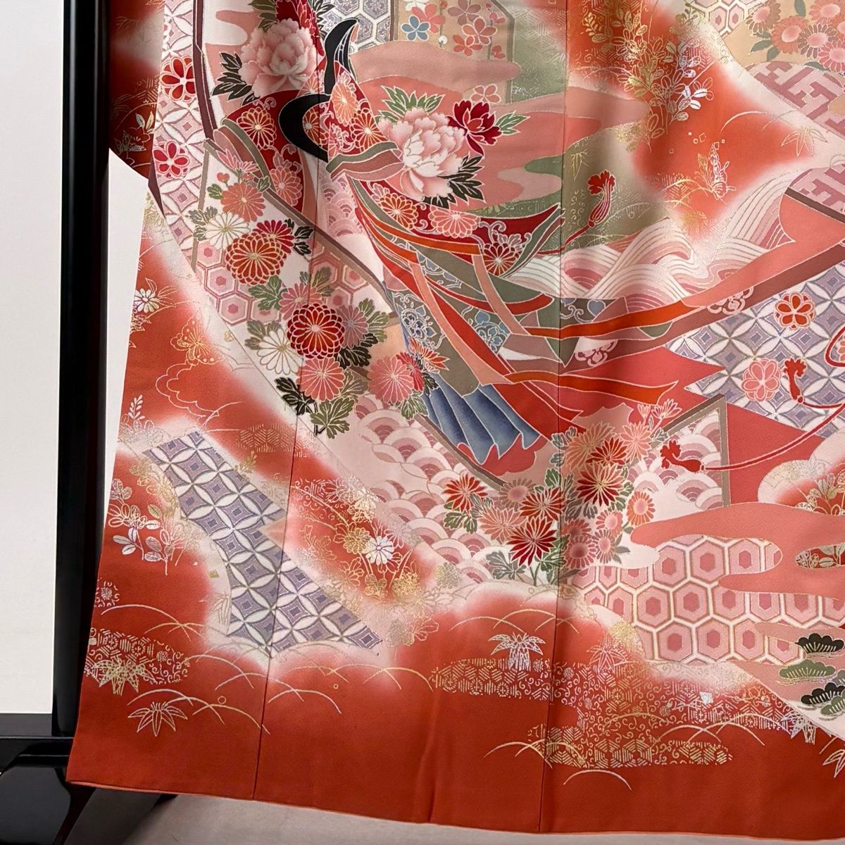 振袖 身丈161cm 裄丈67cm M 袷 姫 草花 金銀彩 ぼかし 朱色 正絹 秀品
