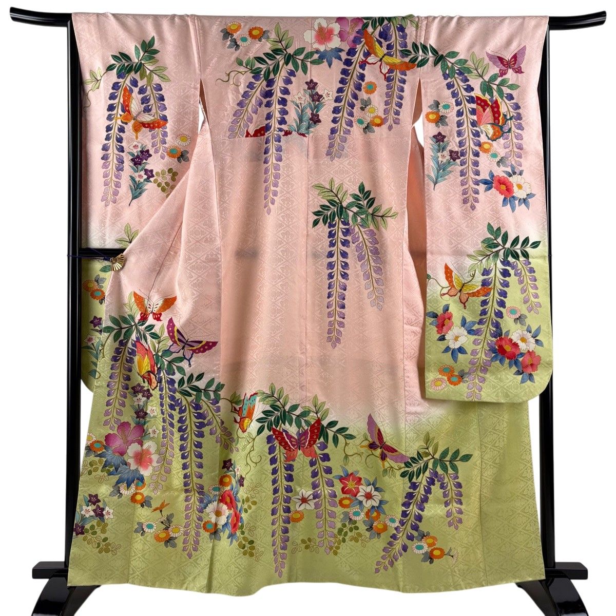 振袖 身丈162cm 裄丈66cm M 袷 蝶 草花 金彩 染め分け 薄ピンク 正絹 秀品 【中古】
