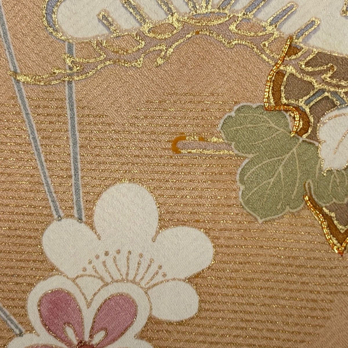 付下げ 秀品 一つ紋 御所車 草花 刺繍 薄オレンジ 袷 身丈164cm 裄丈 