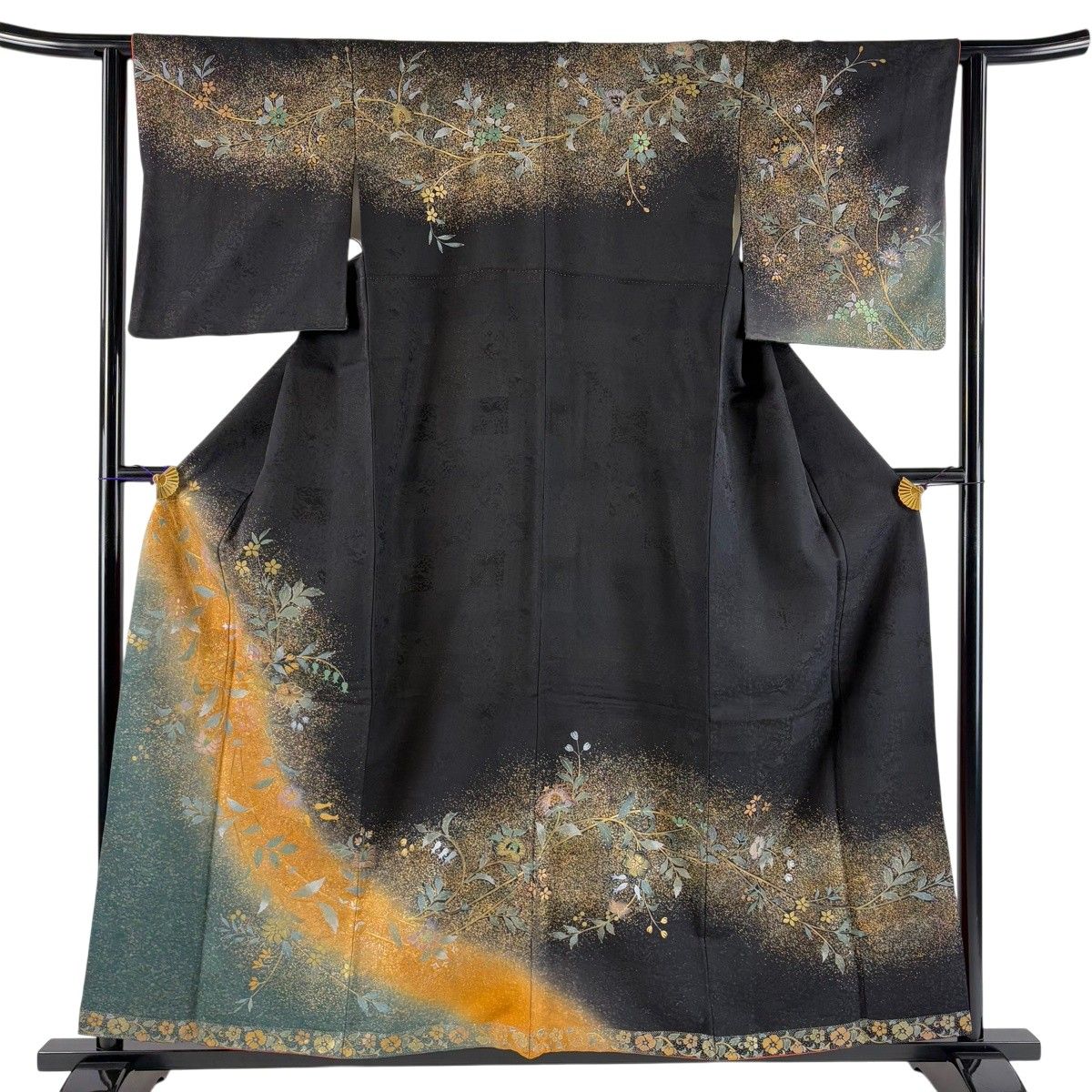 訪問着 身丈156.5cm 裄丈63.5cm S 袷 草花 金通し 金銀彩 黒 正絹 秀品 【中古】