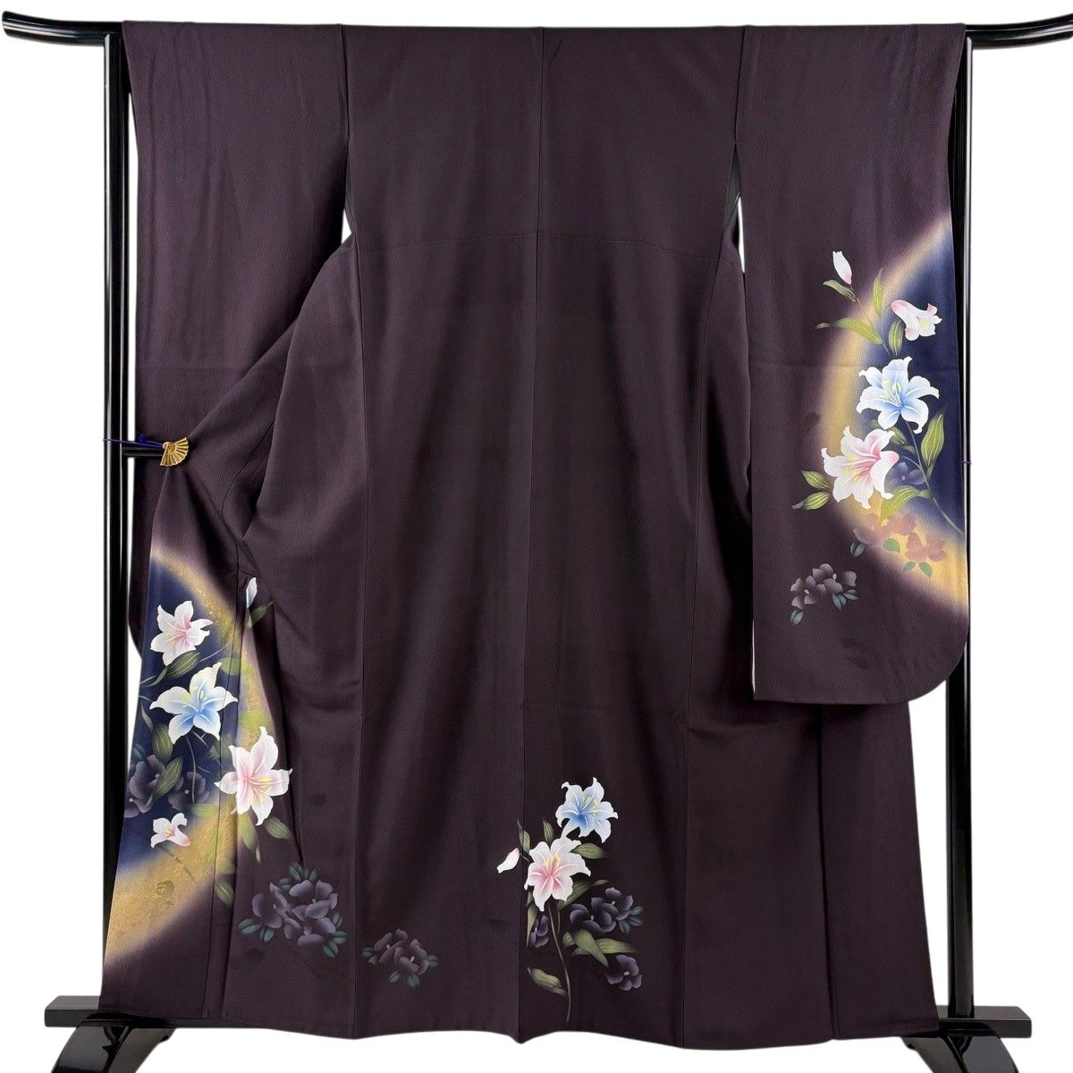 振袖 身丈160.5cm 裄丈63.5cm S 袷 百合 草花 金彩 ぼかし 濃紫 正絹 秀品 【中古】