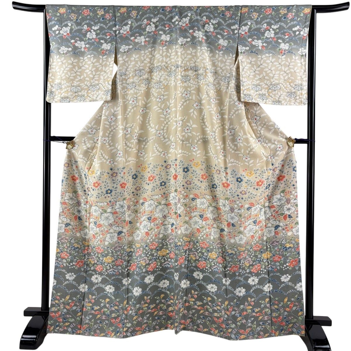 【美品】 訪問着 身丈166.5cm 裄丈65.5cm M 袷 辻が花柄 椿 染め分け クリーム 正絹 秀品 【中古】