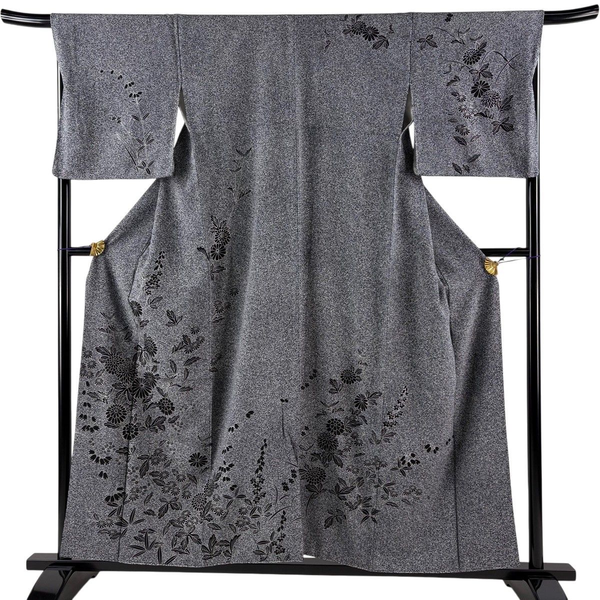 訪問着 身丈156cm 裄丈68cm L 袷 菊 銀彩 黒灰 正絹 秀品 【中古】