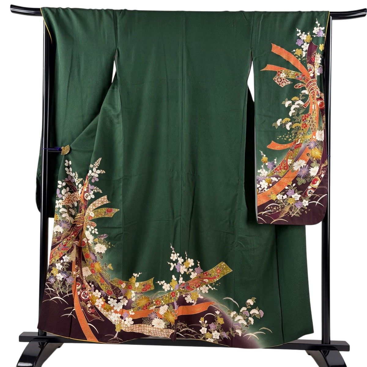 振袖 身丈157cm 裄丈66cm M 袷 束ね熨斗 草花 金糸 金彩 緑 正絹 秀品