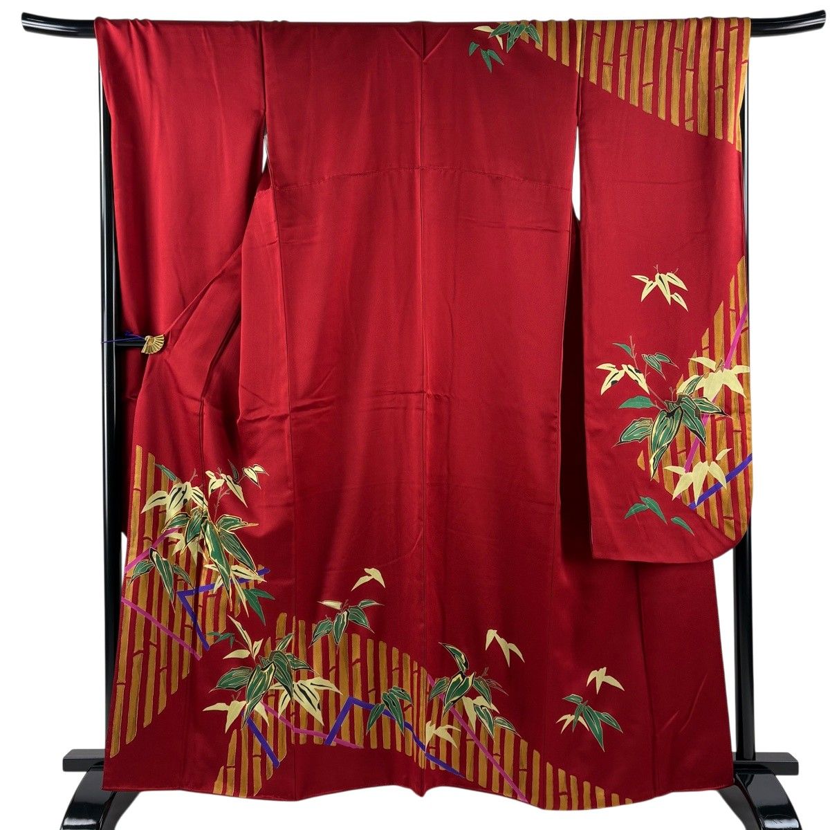 振袖 身丈162.5cm 裄丈68.5cm L 袷 コシノジュンコ 落款 竹 金糸 金彩 赤 正絹 秀品 【中古】