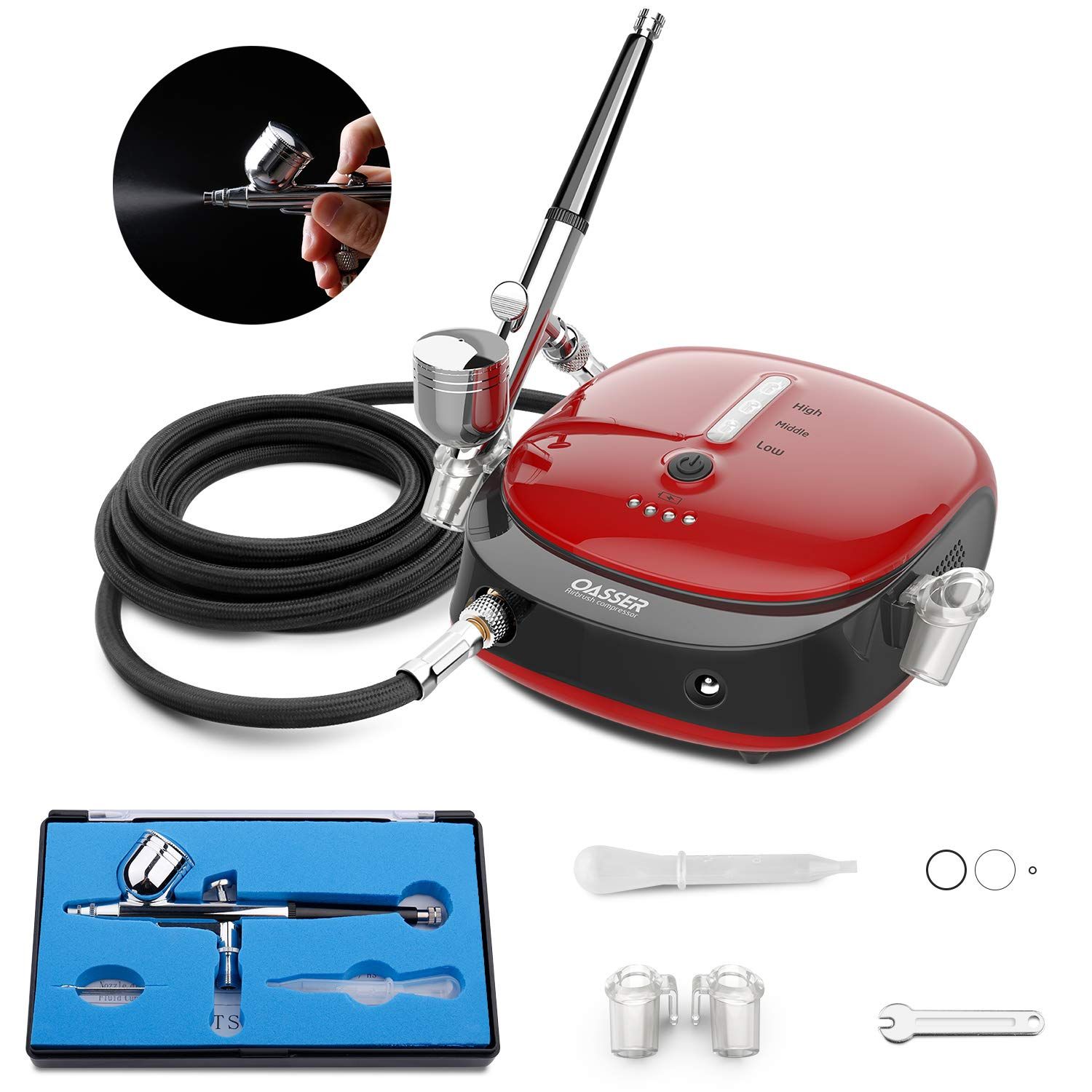 【新品】Oasser エアブラシ セット ミニコンプレッサー 充電式 1000ｍAh電池やAC電源アダプタ兼用 ダブルアクション 重力式 2-15psi三段階圧力調節 プラモデルの塗装 ボディーアート 塗装用具 持ち運びやすい 初心者向け A 951a4935