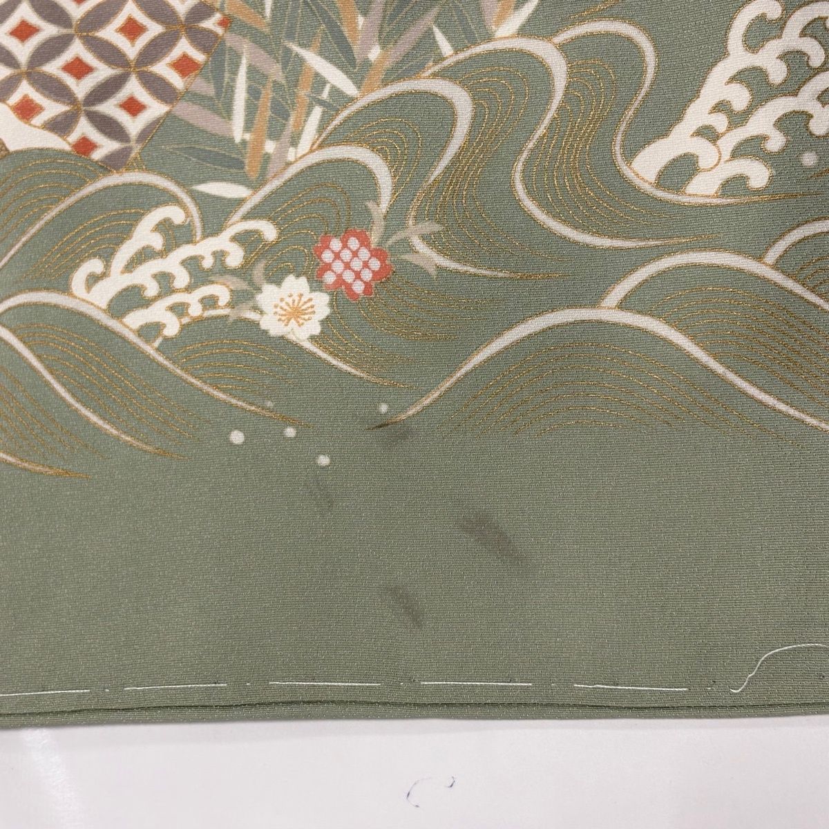訪問着 身丈155cm 裄丈63.5cm S 袷 菊 扇面 金糸 金銀彩 灰緑 正絹 秀
