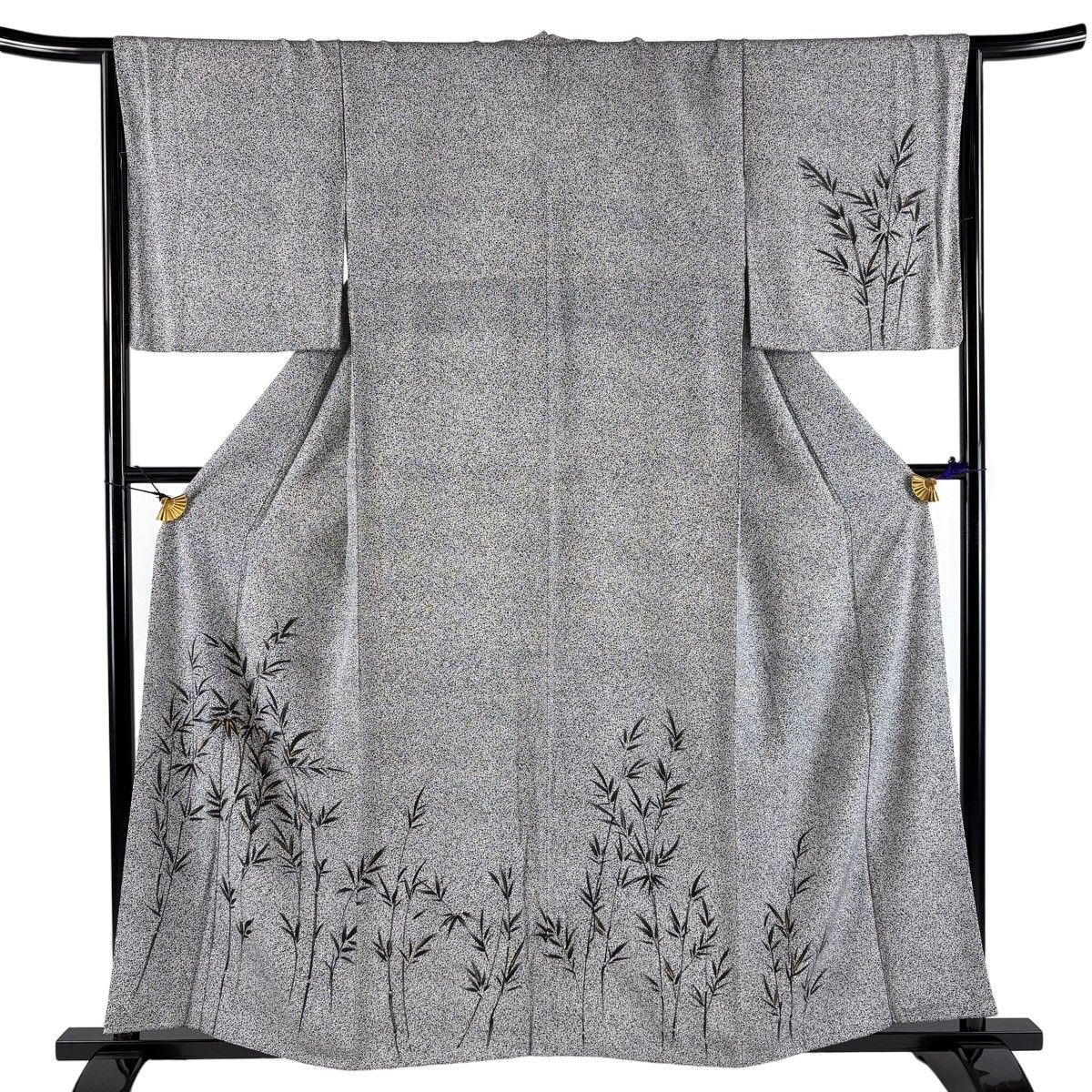 【美品】 付下げ 身丈157cm 裄丈65.5cm M 袷 竹 金彩 黒灰 正絹 秀品 【中古】