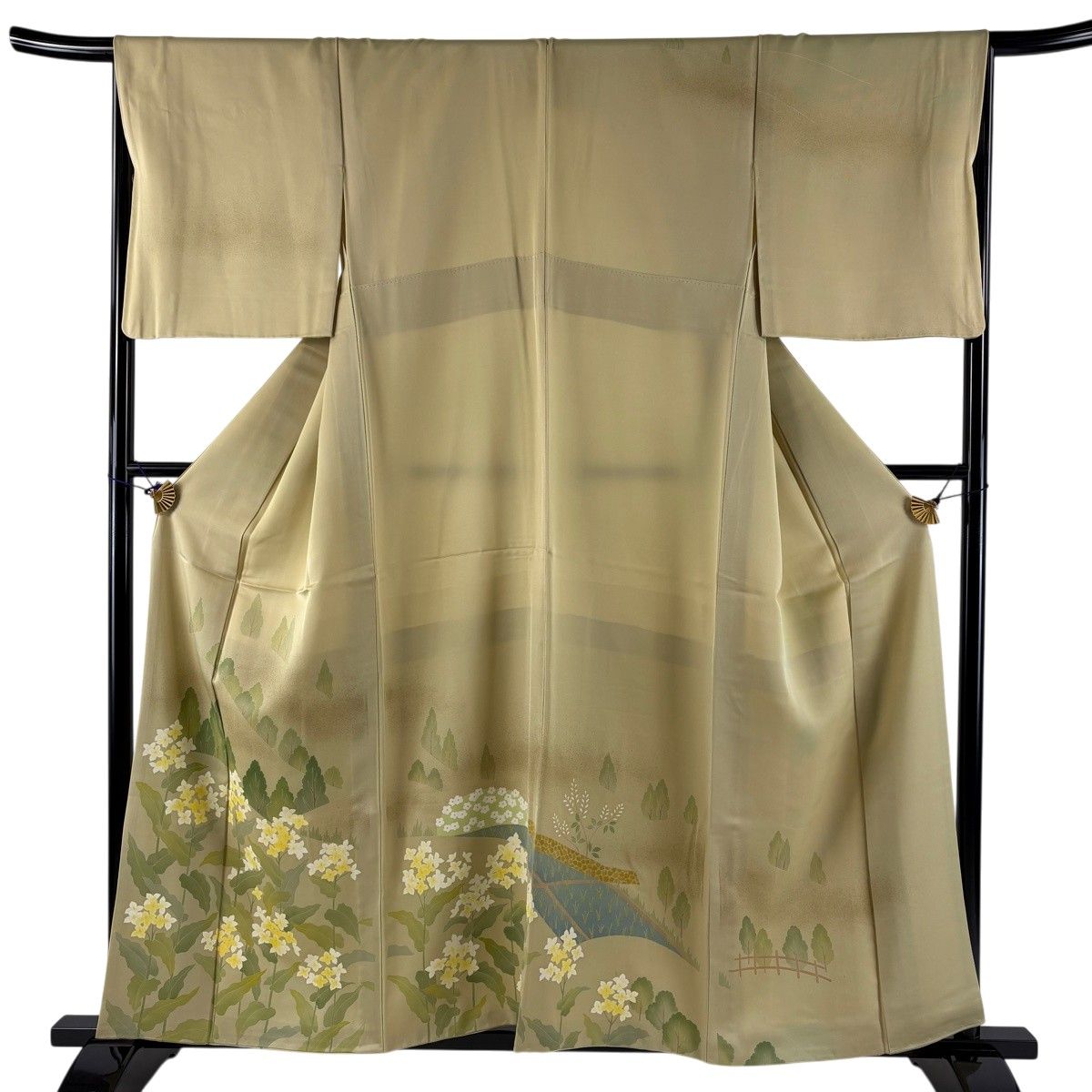 訪問着 身丈159cm 裄丈67cm M 袷 樹木 草花 金彩 ベージュ 正絹 秀品 【中古】