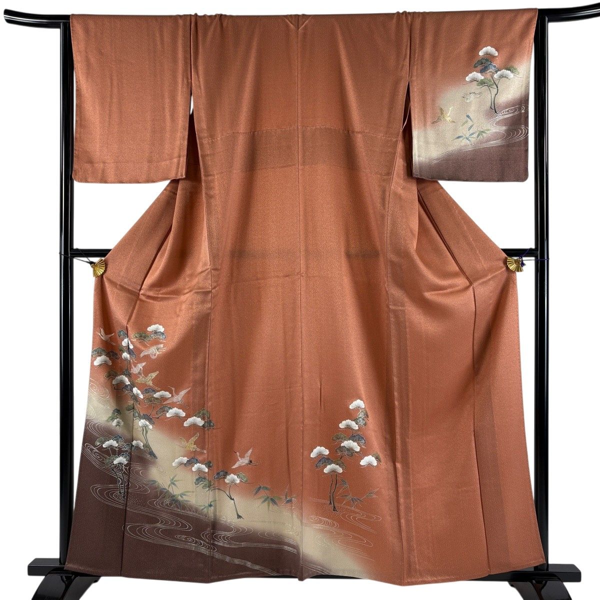 付下げ 身丈159.5cm 裄丈66.5cm M 単衣 松 鶴 金銀彩 ぼかし 赤茶 正絹 秀品 【中古】