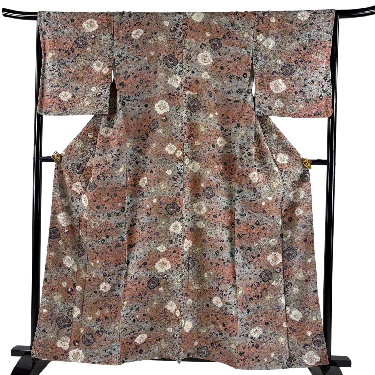 小紋 身丈158.5cm 裄丈67cm M 袷 花 幾何学模様 金彩 ピンクベージュ 正絹 秀品 【中古】