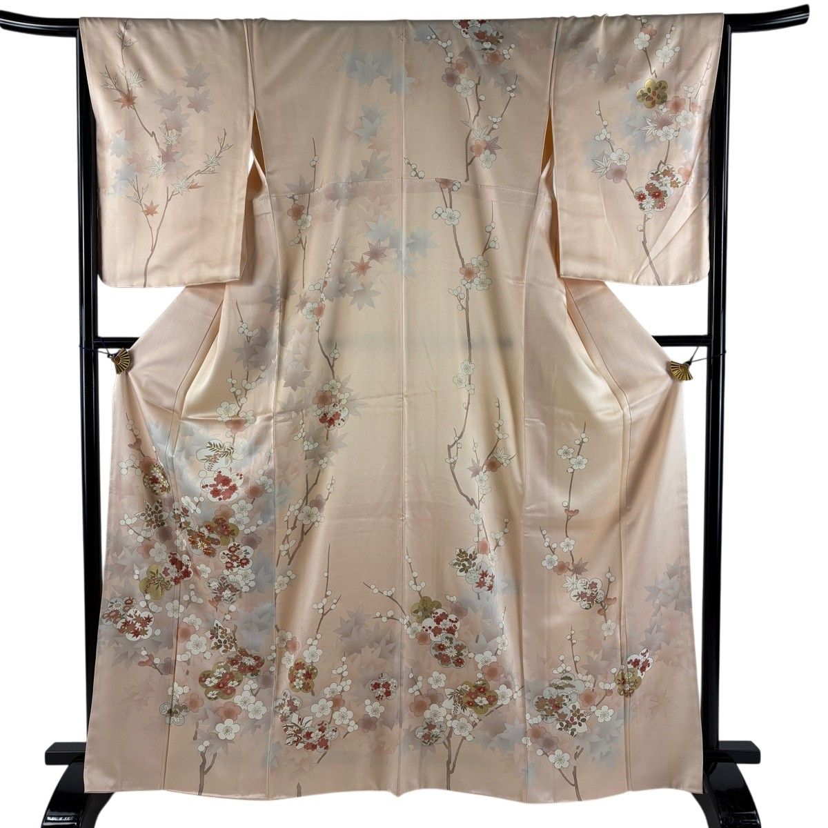 訪問着 身丈166cm 裄丈67cm M 袷 枝梅 菊 金糸 金彩 ピンクベージュ 正絹 秀品 一つ紋 【中古】