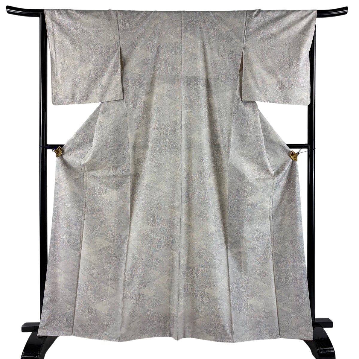 【美品】 紬 身丈165cm 裄丈66cm M 袷 草花 菱 灰白 正絹 秀品 【中古】