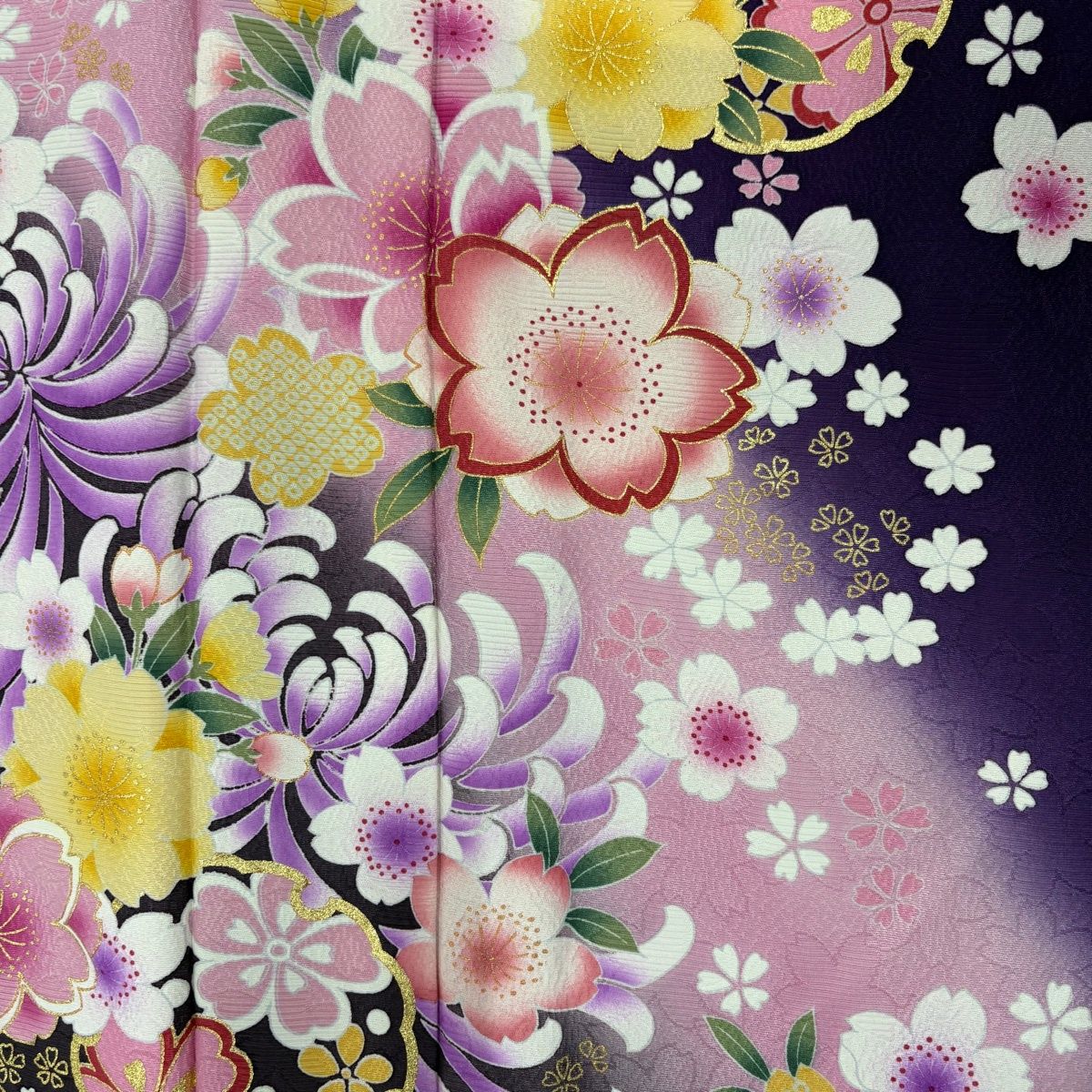 振袖 身丈164.5cm 裄丈67cm M 袷 雪輪 草花 金彩 ぼかし 紫 正絹 秀品