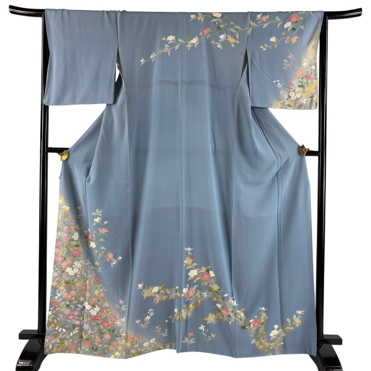訪問着 身丈163cm 裄丈66cm M 袷 枝花 草花 金銀彩 ぼかし 水色 正絹