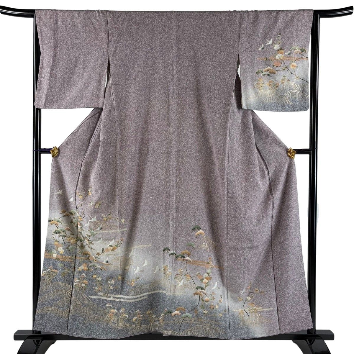 訪問着 身丈157cm 裄丈65cm M 袷 鈴乃屋 秋草 鶴 金彩 ぼかし 灰紫 正絹 秀品 【中古】