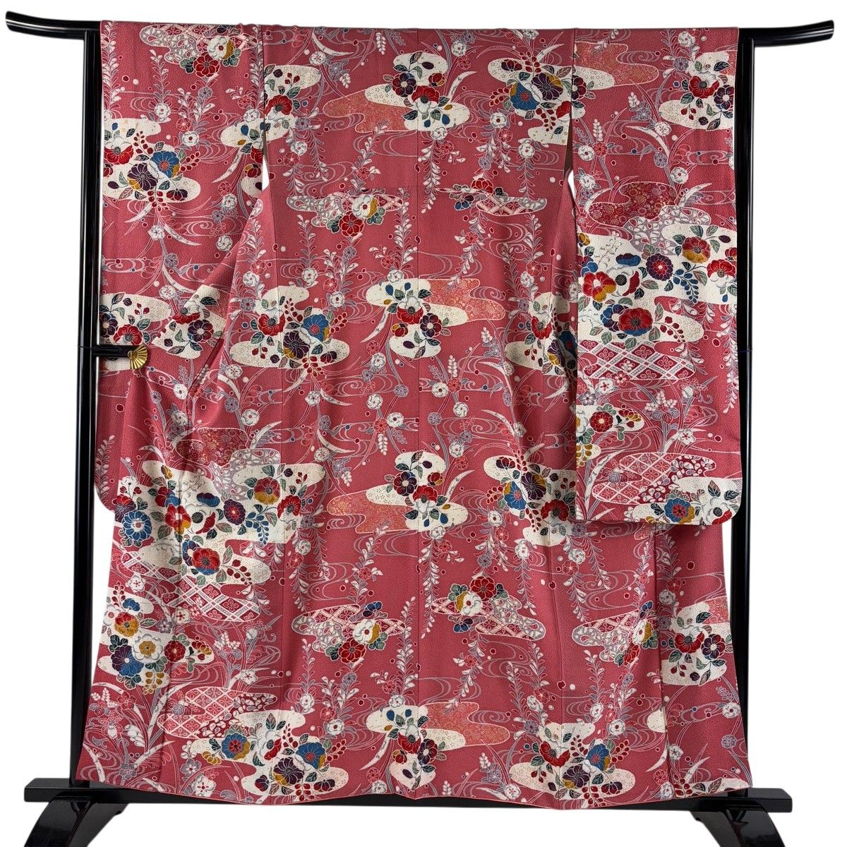 【美品】 振袖 身丈159cm 裄丈64cm M 袷 草花 霞 金銀彩 ピンク 正絹 秀品 【中古】
