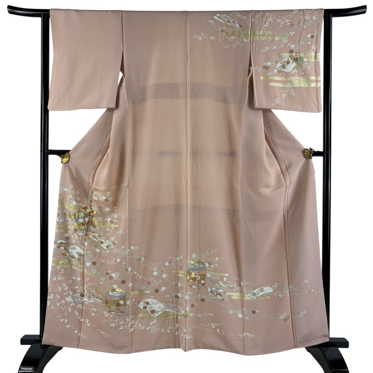訪問着 身丈161cm 裄丈63cm S 袷 貝桶 文箱 金糸 金彩 サーモンピンク 正絹 秀品 【中古】
