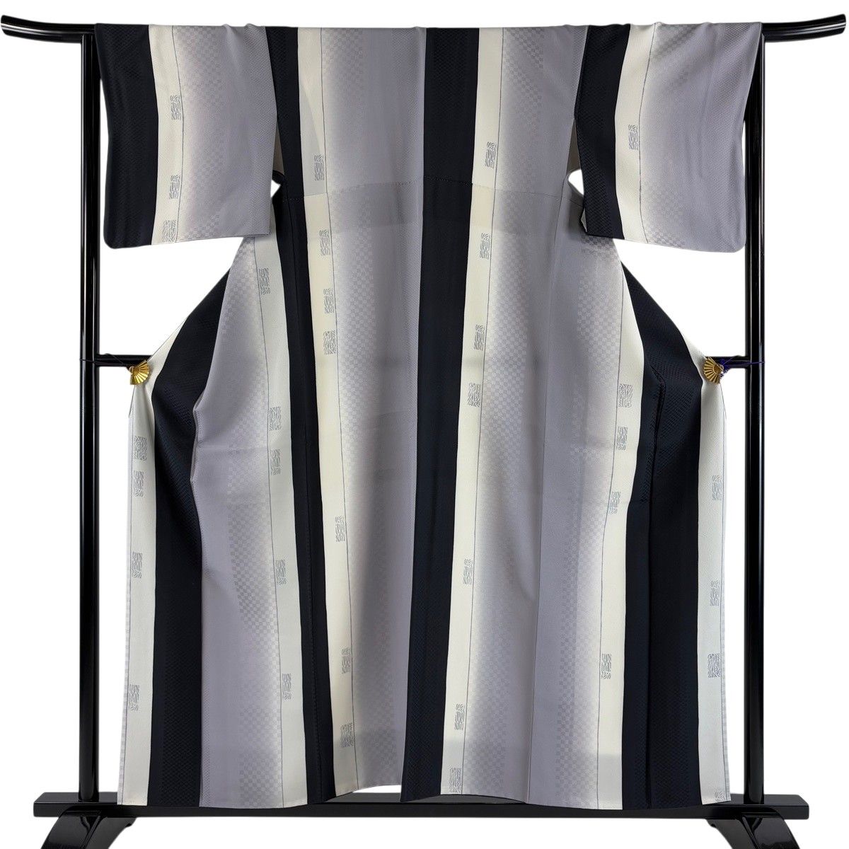 【美品】 小紋 身丈157cm 裄丈65cm M 袷 縞 幾何学模様 縦ぼかし 薄紫 正絹 秀品 【中古】