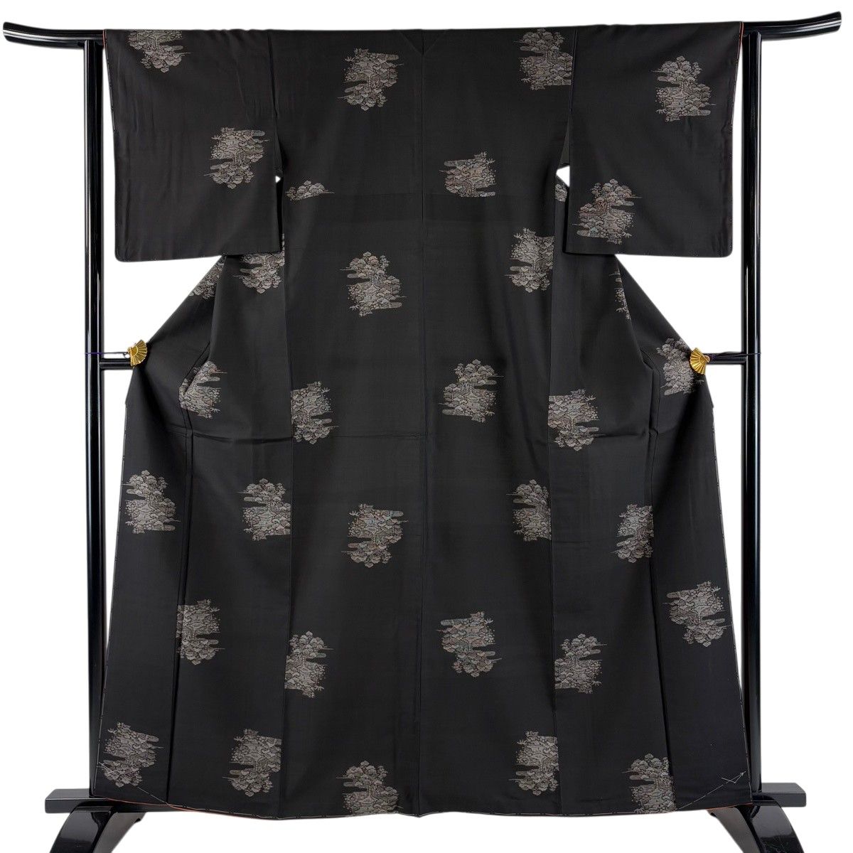 【美品】 紬 身丈161cm 裄丈62cm S 袷 建物 樹木 焦茶色 正絹 秀品 【中古】