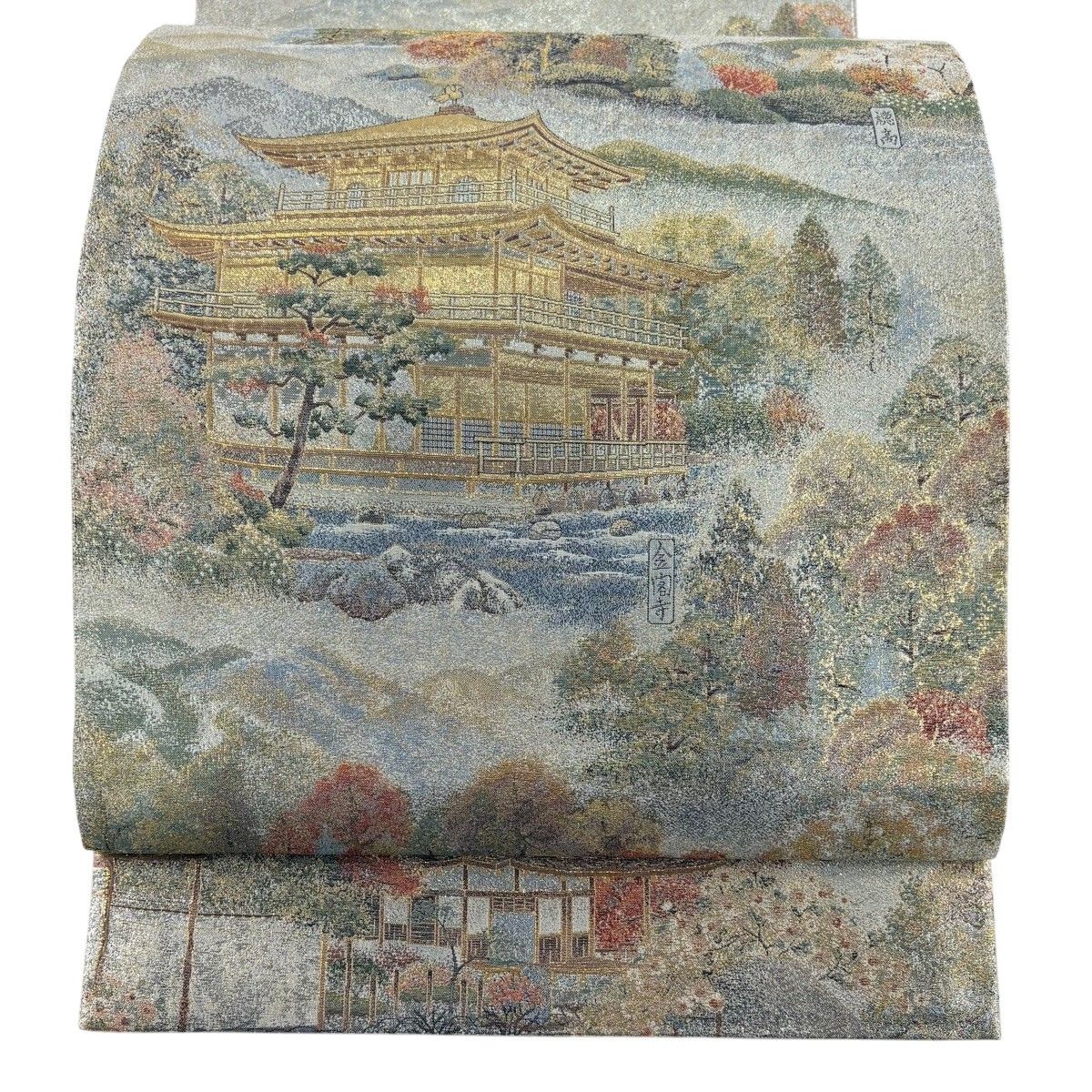 【美品】 丸帯 逸品 日本紀行 風景 金閣寺 箔 銀色 お太鼓柄 正絹 【中古】
