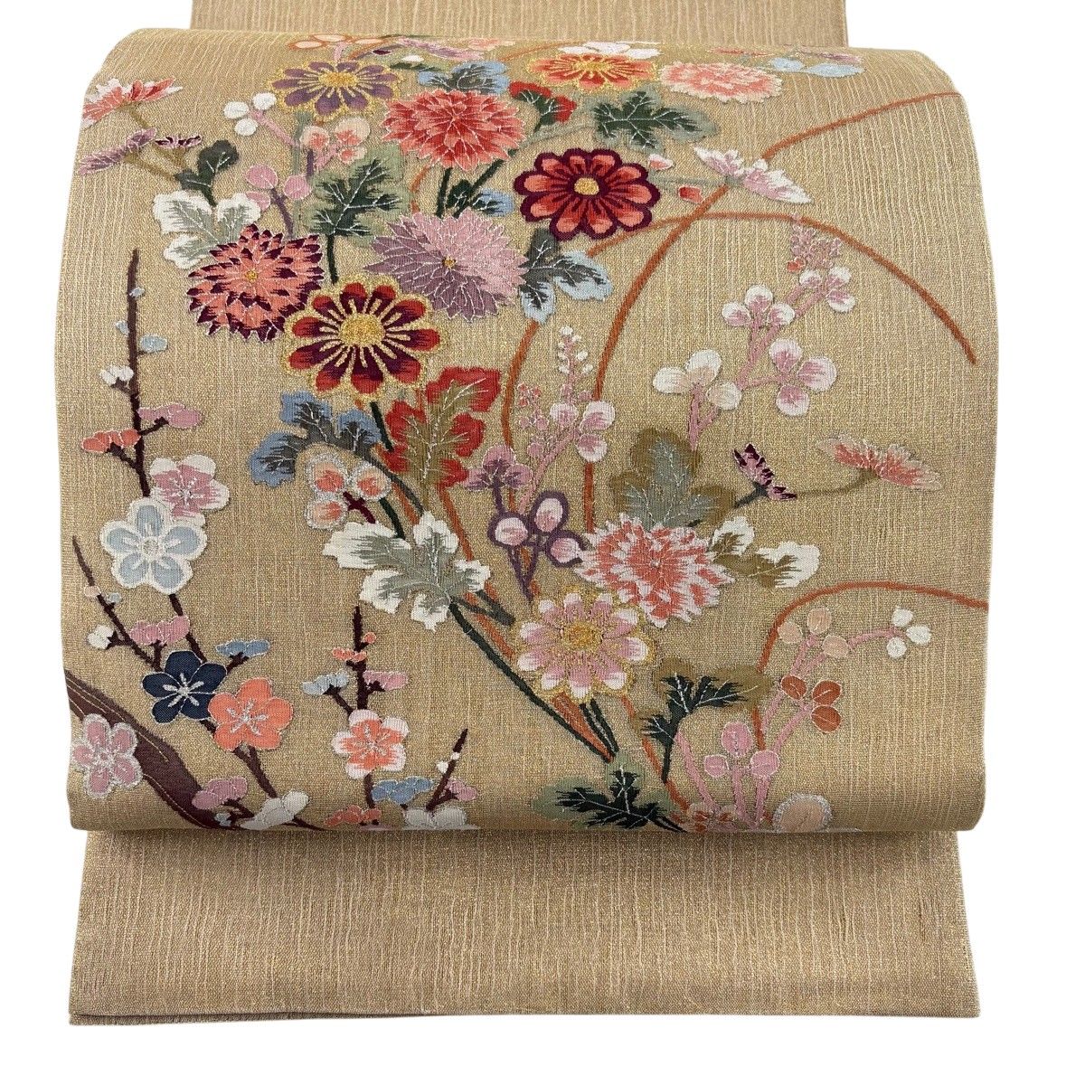 【美品】 袋帯 逸品 綴れ 秋草 枝梅 箔 金銀糸 薄紫 お太鼓柄 正絹 【中古】