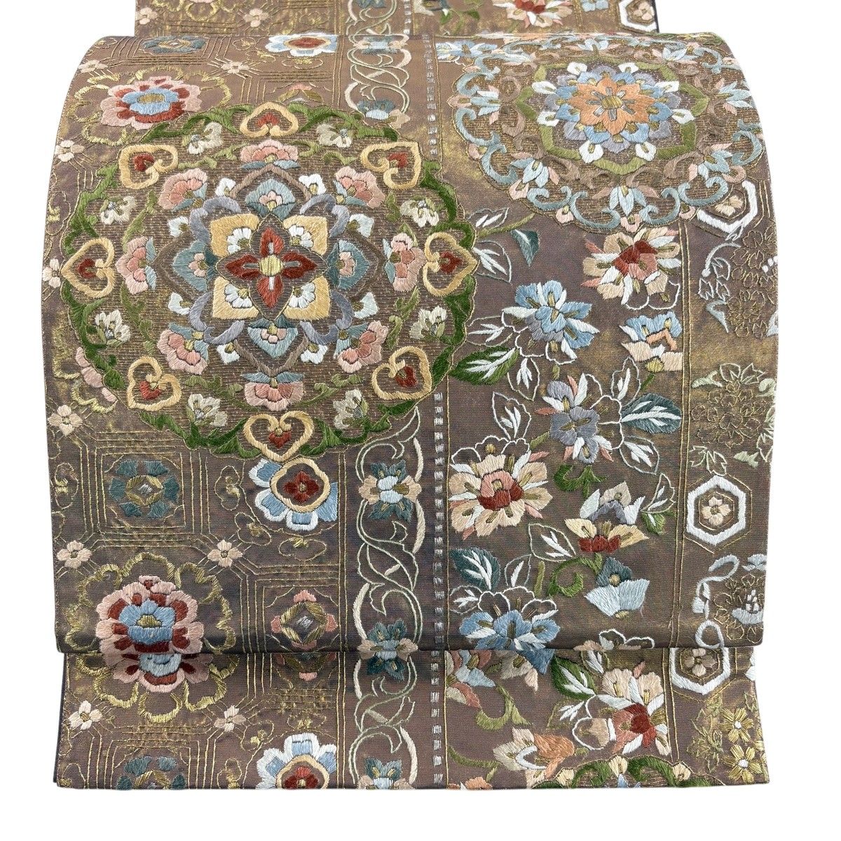 袋帯 逸品 華文 草花 箔 刺繍 金茶 六通 正絹 【中古】