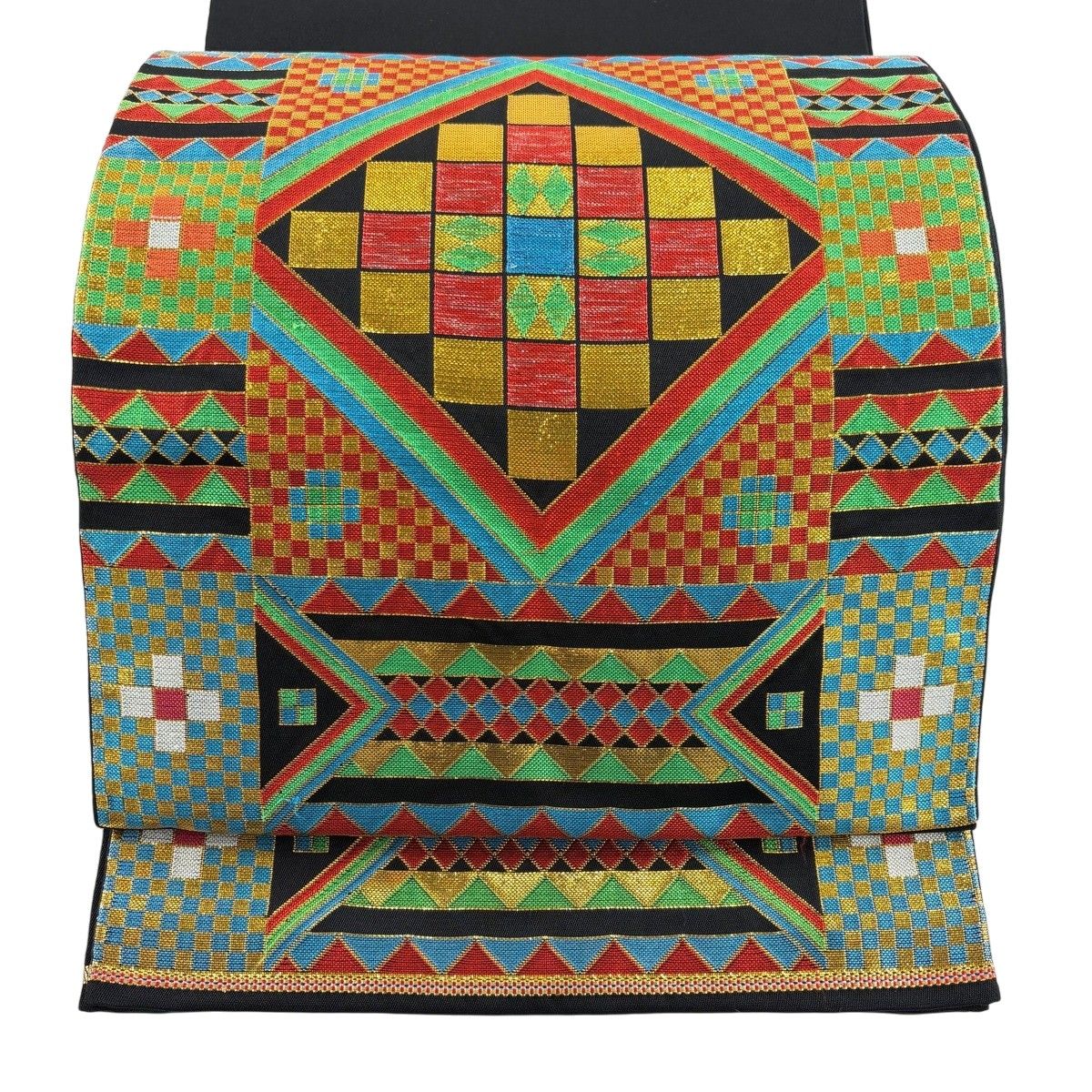 【美品】 袋帯 逸品 龍村美術織物 落款 本袋 関西仕立て 北欧モザイク 菱 箔 黒 お太鼓柄 正絹 【中古】