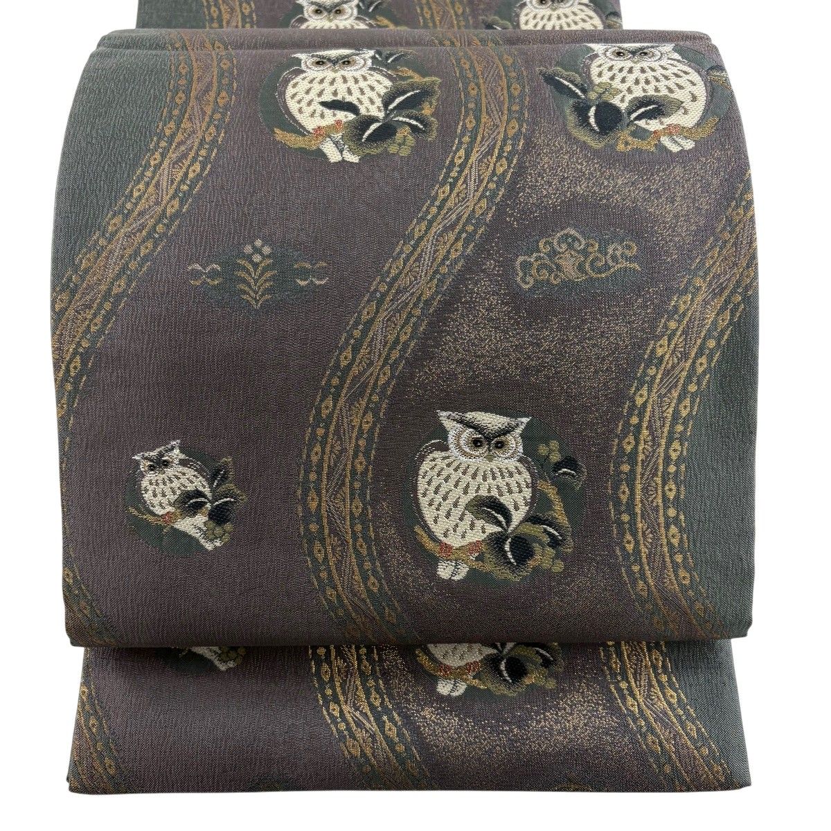 袋帯 逸品 やまと フクロウ 草花 箔 灰紫 六通 正絹 【中古】