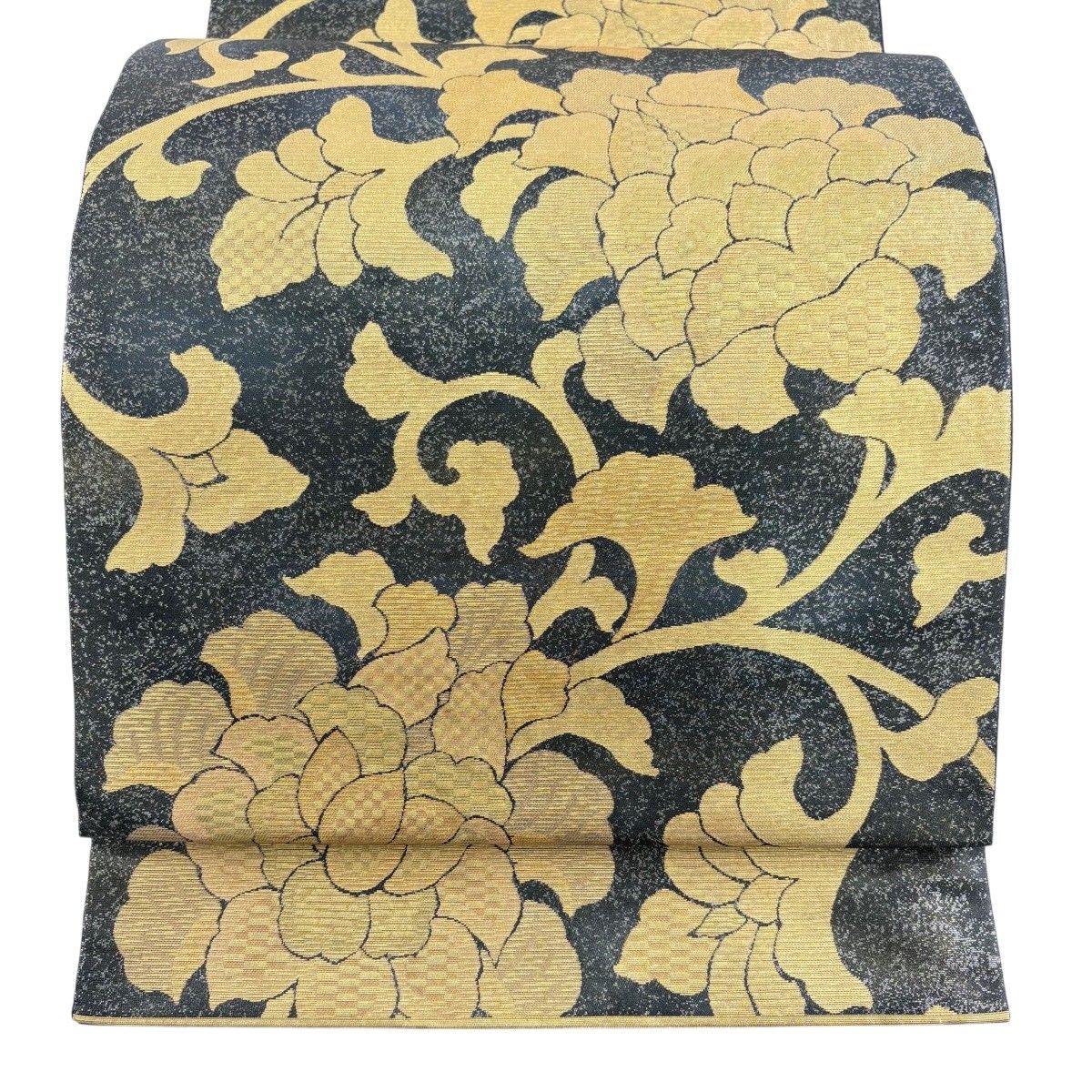 【美品】 袋帯 逸品 長嶋成織物 落款 瀞金錦 関西仕立て 唐花 箔 墨色 六通 正絹 【中古】