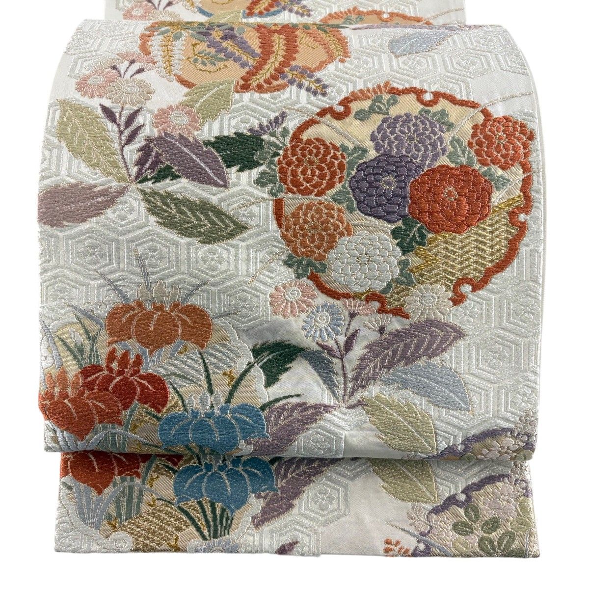 袋帯 逸品 雪輪 菊 唐織 金銀糸 灰白 六通 正絹 【中古】