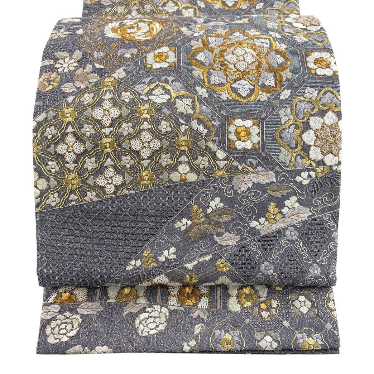 【美品】 袋帯 逸品 鈴乃屋 蜀江華文 鳳凰 刺繍 金糸 灰紫 六通 正絹 【中古】