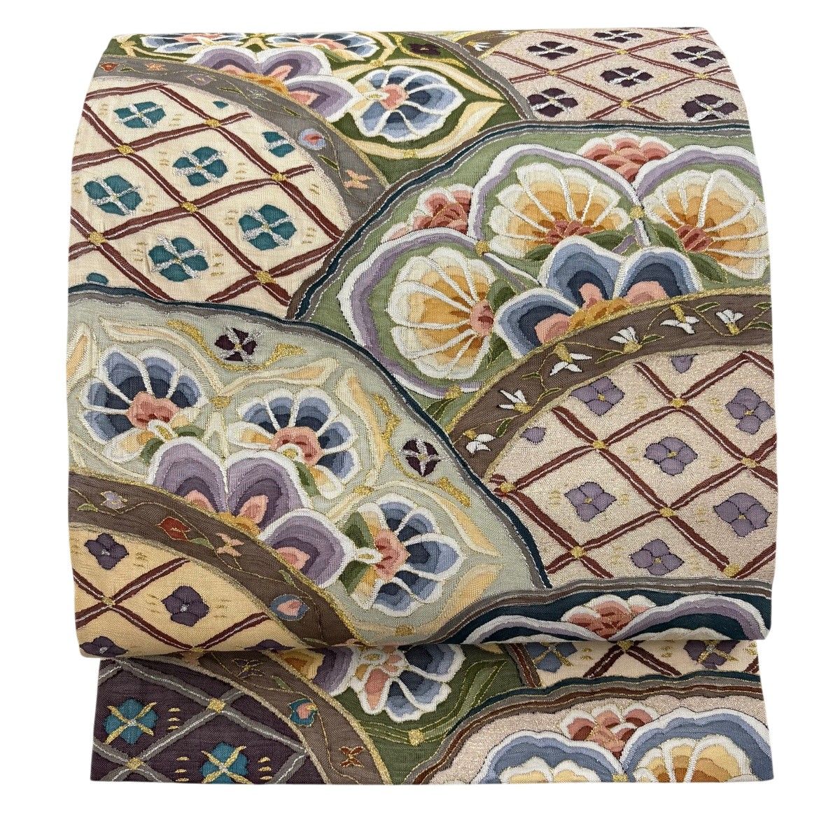 【美品】 袋帯 逸品 華文 花菱 金銀糸 灰緑 お太鼓柄 正絹 【中古】