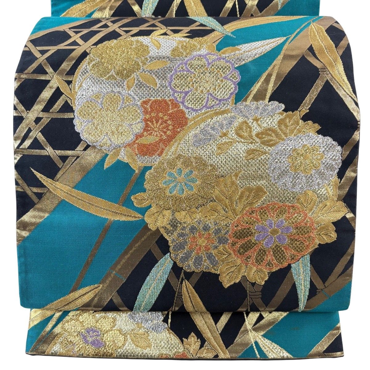 袋帯 秀品 花丸文 籠目 箔 金糸 黒 六通 正絹 【中古】